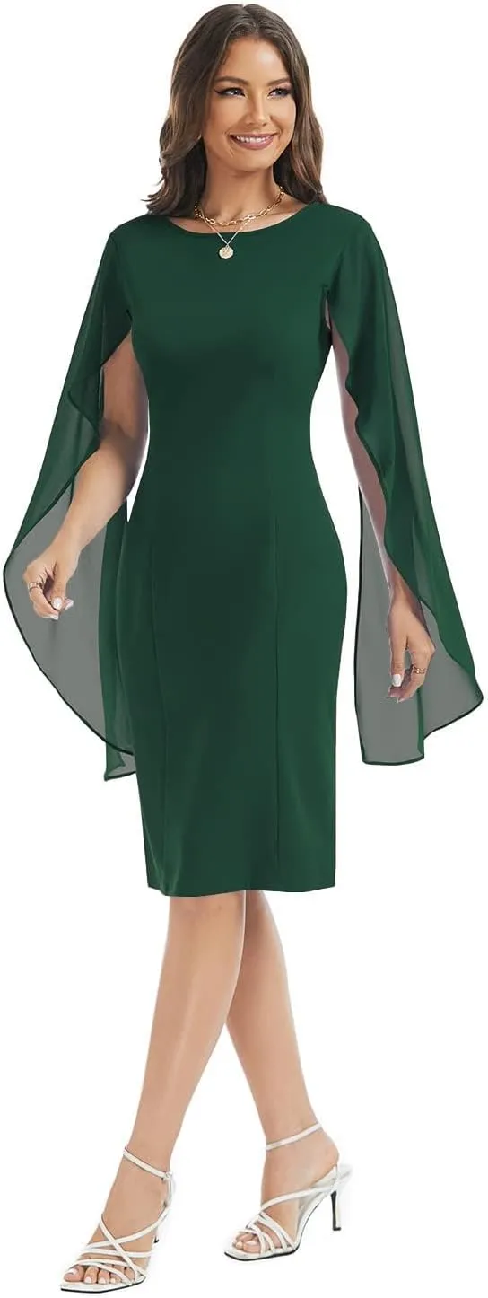 HELYO Women's Chiffon Cloak Sleeve Mini Cape Dress V-Back Semi-Formal Elegant Bodycon Wedding Guest Evening Cocktail Dresses