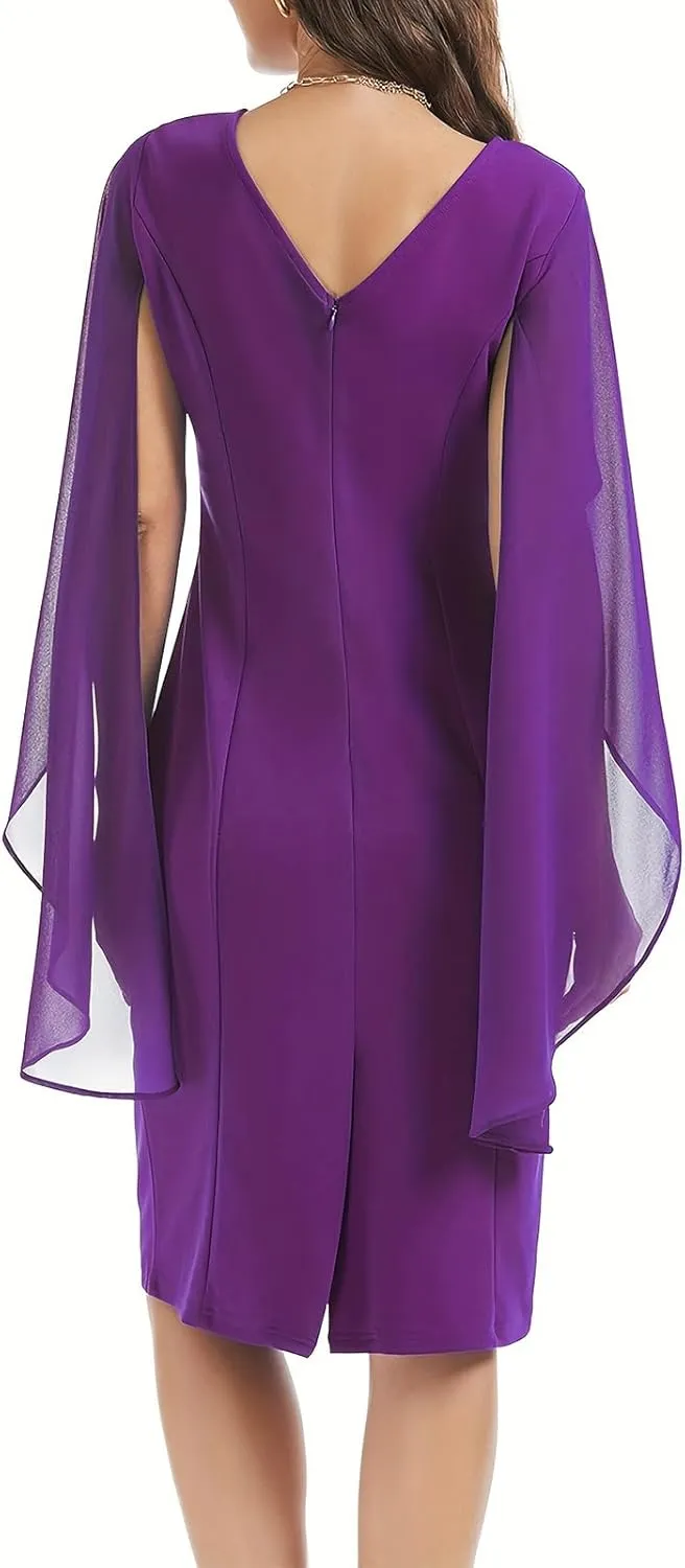 HELYO Women's Chiffon Cloak Sleeve Mini Cape Dress V-Back Semi-Formal Elegant Bodycon Wedding Guest Evening Cocktail Dresses