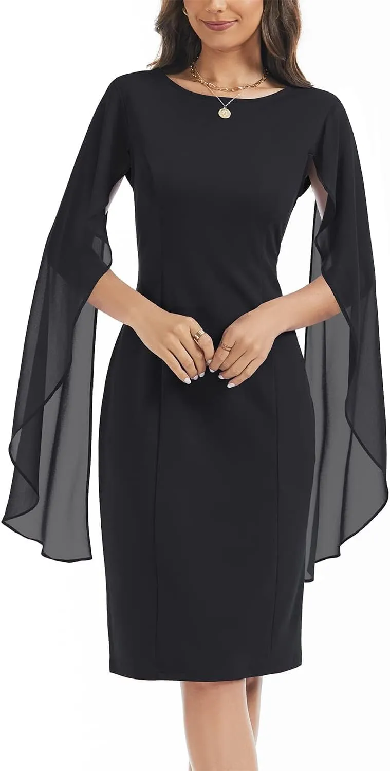 HELYO Women's Chiffon Cloak Sleeve Mini Cape Dress V-Back Semi-Formal Elegant Bodycon Wedding Guest Evening Cocktail Dresses