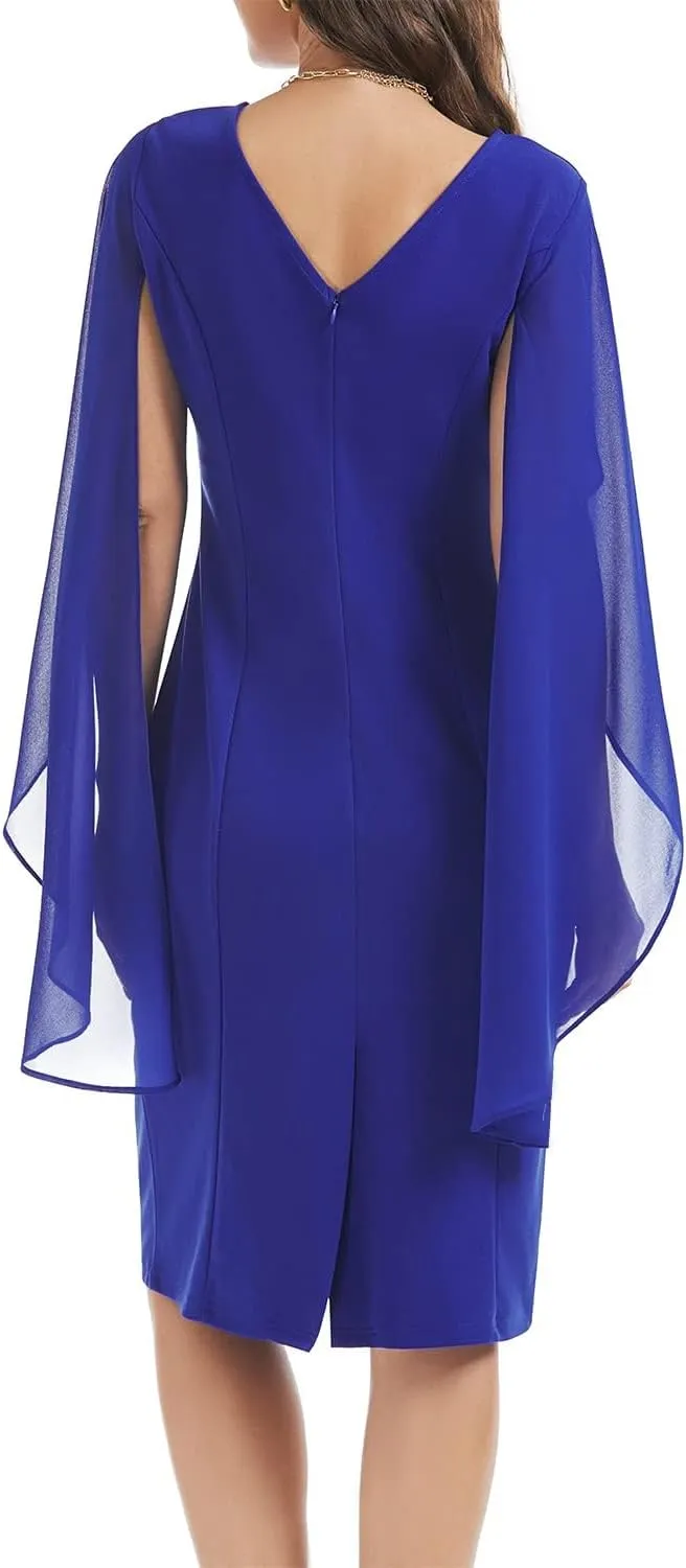 HELYO Women's Chiffon Cloak Sleeve Mini Cape Dress V-Back Semi-Formal Elegant Bodycon Wedding Guest Evening Cocktail Dresses