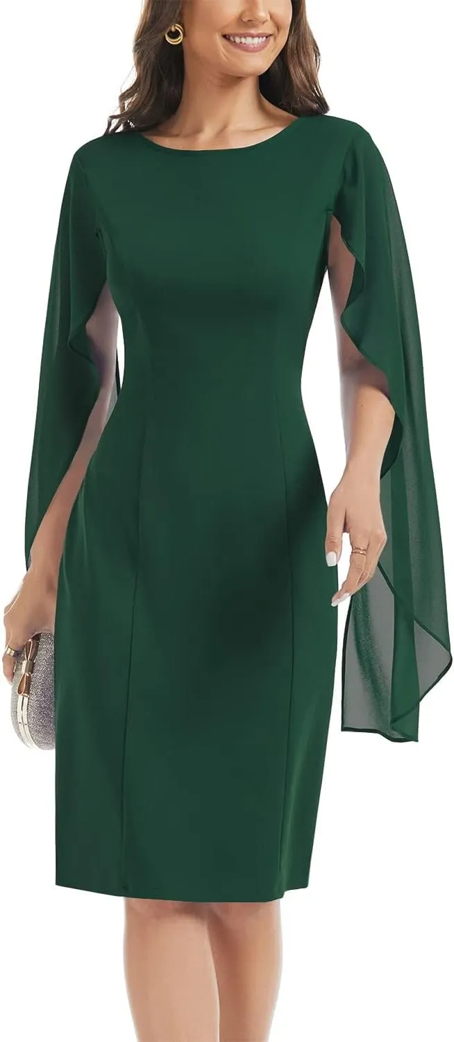 HELYO Women's Chiffon Cloak Sleeve Mini Cape Dress V-Back Semi-Formal Elegant Bodycon Wedding Guest Evening Cocktail Dresses