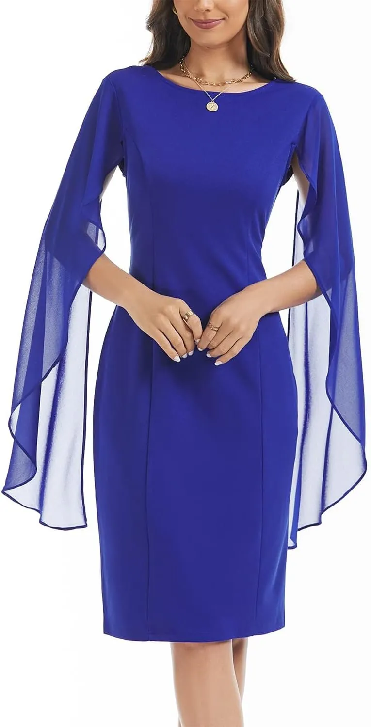 HELYO Women's Chiffon Cloak Sleeve Mini Cape Dress V-Back Semi-Formal Elegant Bodycon Wedding Guest Evening Cocktail Dresses