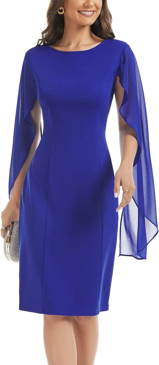HELYO Women's Chiffon Cloak Sleeve Mini Cape Dress V-Back Semi-Formal Elegant Bodycon Wedding Guest Evening Cocktail Dresses