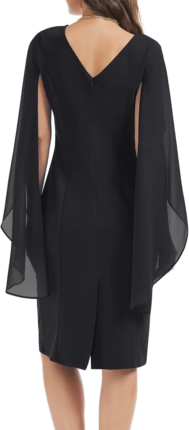 HELYO Women's Chiffon Cloak Sleeve Mini Cape Dress V-Back Semi-Formal Elegant Bodycon Wedding Guest Evening Cocktail Dresses