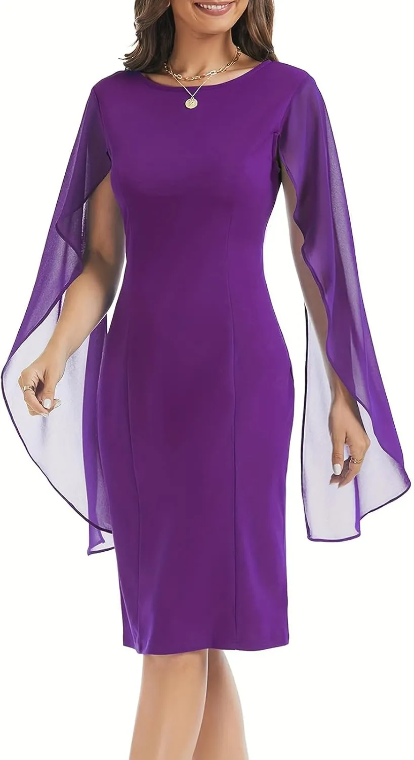 HELYO Women's Chiffon Cloak Sleeve Mini Cape Dress V-Back Semi-Formal Elegant Bodycon Wedding Guest Evening Cocktail Dresses