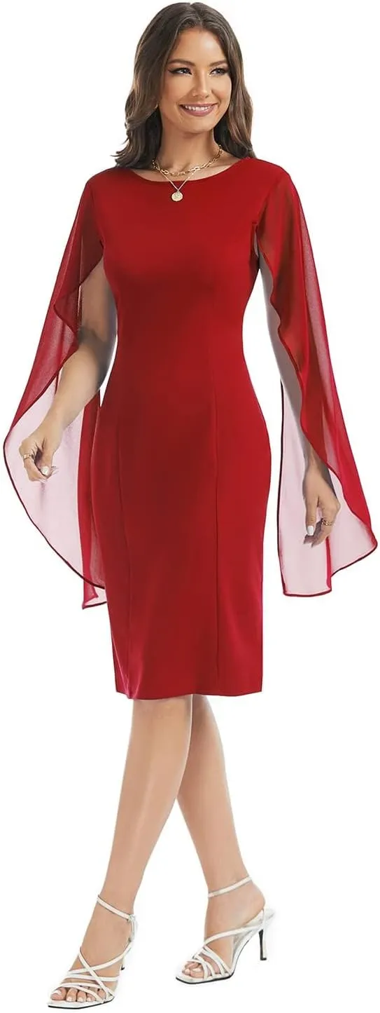 HELYO Women's Chiffon Cloak Sleeve Mini Cape Dress V-Back Semi-Formal Elegant Bodycon Wedding Guest Evening Cocktail Dresses