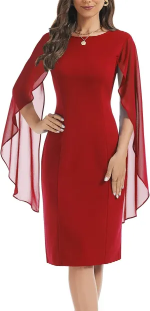 HELYO Women's Chiffon Cloak Sleeve Mini Cape Dress V-Back Semi-Formal Elegant Bodycon Wedding Guest Evening Cocktail Dresses