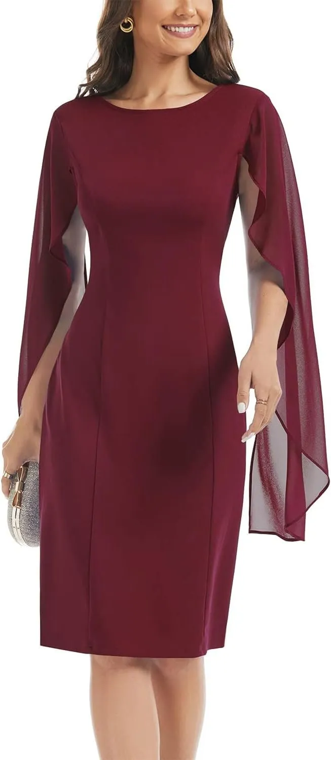 HELYO Women's Chiffon Cloak Sleeve Mini Cape Dress V-Back Semi-Formal Elegant Bodycon Wedding Guest Evening Cocktail Dresses