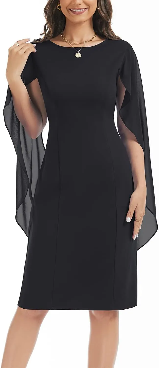 HELYO Women's Chiffon Cloak Sleeve Mini Cape Dress V-Back Semi-Formal Elegant Bodycon Wedding Guest Evening Cocktail Dresses
