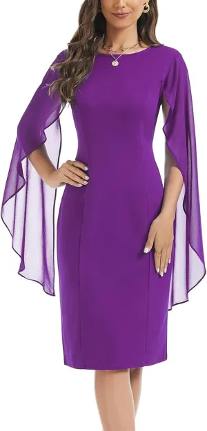 HELYO Women's Chiffon Cloak Sleeve Mini Cape Dress V-Back Semi-Formal Elegant Bodycon Wedding Guest Evening Cocktail Dresses