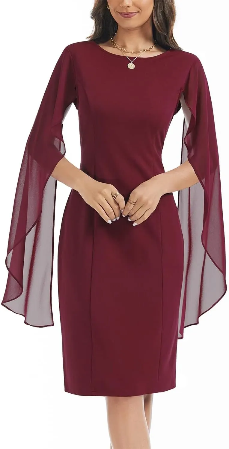 HELYO Women's Chiffon Cloak Sleeve Mini Cape Dress V-Back Semi-Formal Elegant Bodycon Wedding Guest Evening Cocktail Dresses