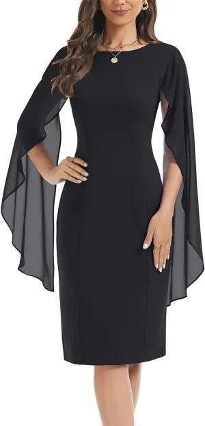 HELYO Women's Chiffon Cloak Sleeve Mini Cape Dress V-Back Semi-Formal Elegant Bodycon Wedding Guest Evening Cocktail Dresses