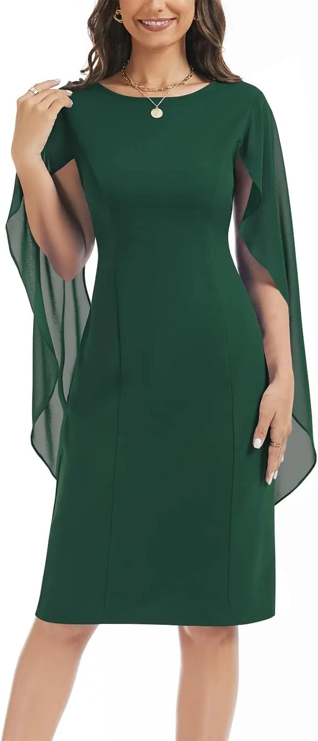 HELYO Women's Chiffon Cloak Sleeve Mini Cape Dress V-Back Semi-Formal Elegant Bodycon Wedding Guest Evening Cocktail Dresses