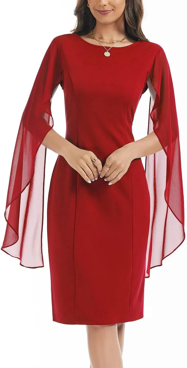 HELYO Women's Chiffon Cloak Sleeve Mini Cape Dress V-Back Semi-Formal Elegant Bodycon Wedding Guest Evening Cocktail Dresses