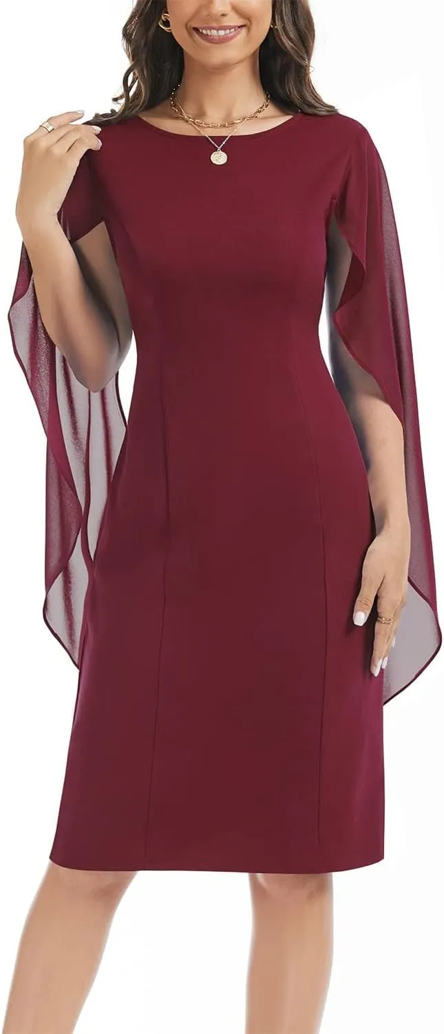 HELYO Women's Chiffon Cloak Sleeve Mini Cape Dress V-Back Semi-Formal Elegant Bodycon Wedding Guest Evening Cocktail Dresses