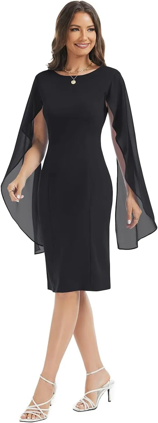 HELYO Women's Chiffon Cloak Sleeve Mini Cape Dress V-Back Semi-Formal Elegant Bodycon Wedding Guest Evening Cocktail Dresses