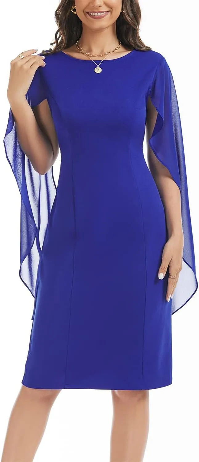 HELYO Women's Chiffon Cloak Sleeve Mini Cape Dress V-Back Semi-Formal Elegant Bodycon Wedding Guest Evening Cocktail Dresses