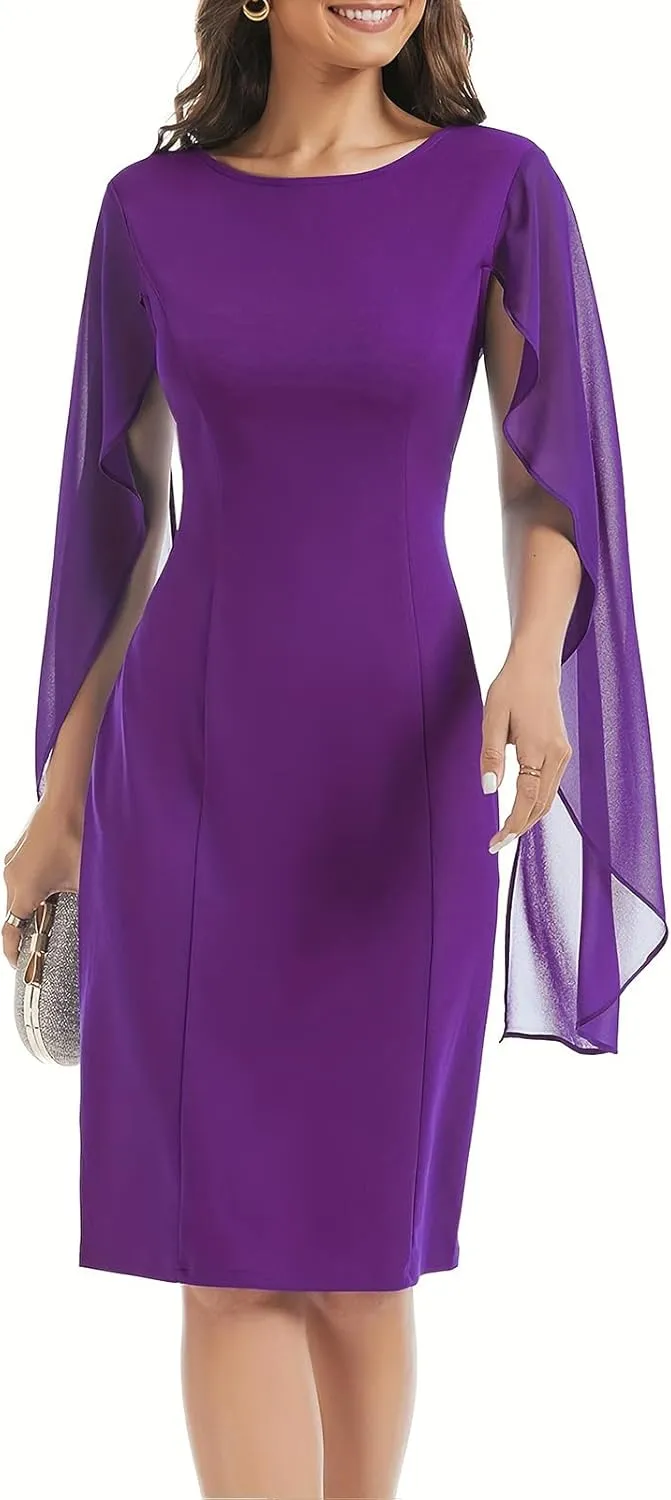 HELYO Women's Chiffon Cloak Sleeve Mini Cape Dress V-Back Semi-Formal Elegant Bodycon Wedding Guest Evening Cocktail Dresses