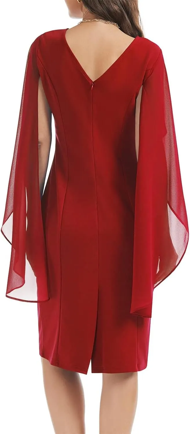 HELYO Women's Chiffon Cloak Sleeve Mini Cape Dress V-Back Semi-Formal Elegant Bodycon Wedding Guest Evening Cocktail Dresses