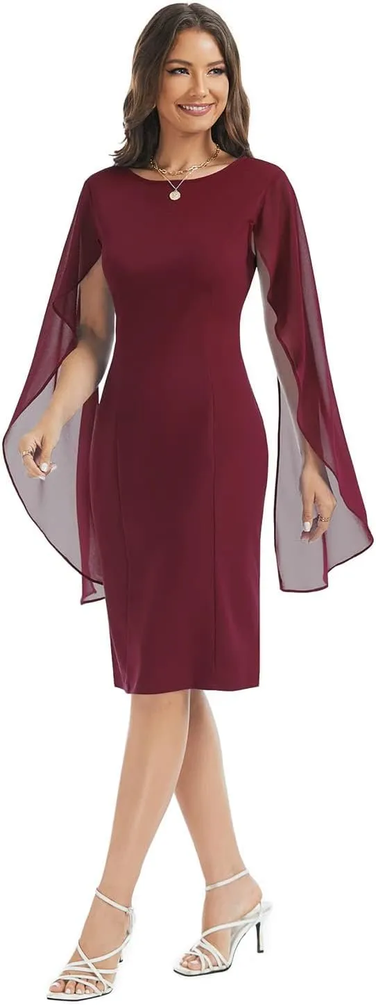 HELYO Women's Chiffon Cloak Sleeve Mini Cape Dress V-Back Semi-Formal Elegant Bodycon Wedding Guest Evening Cocktail Dresses
