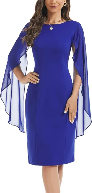 HELYO Women's Chiffon Cloak Sleeve Mini Cape Dress V-Back Semi-Formal Elegant Bodycon Wedding Guest Evening Cocktail Dresses