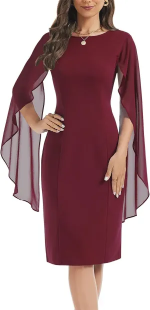 HELYO Women's Chiffon Cloak Sleeve Mini Cape Dress V-Back Semi-Formal Elegant Bodycon Wedding Guest Evening Cocktail Dresses