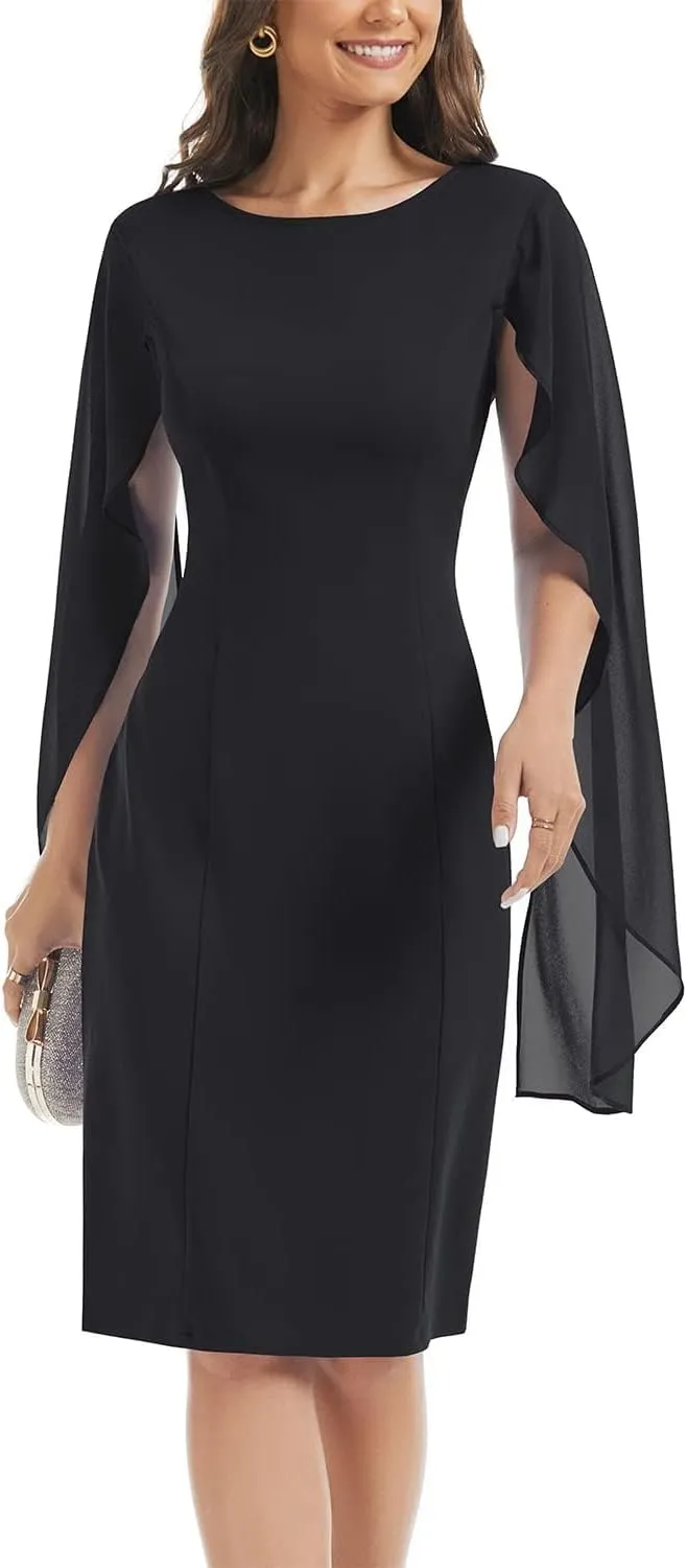 HELYO Women's Chiffon Cloak Sleeve Mini Cape Dress V-Back Semi-Formal Elegant Bodycon Wedding Guest Evening Cocktail Dresses