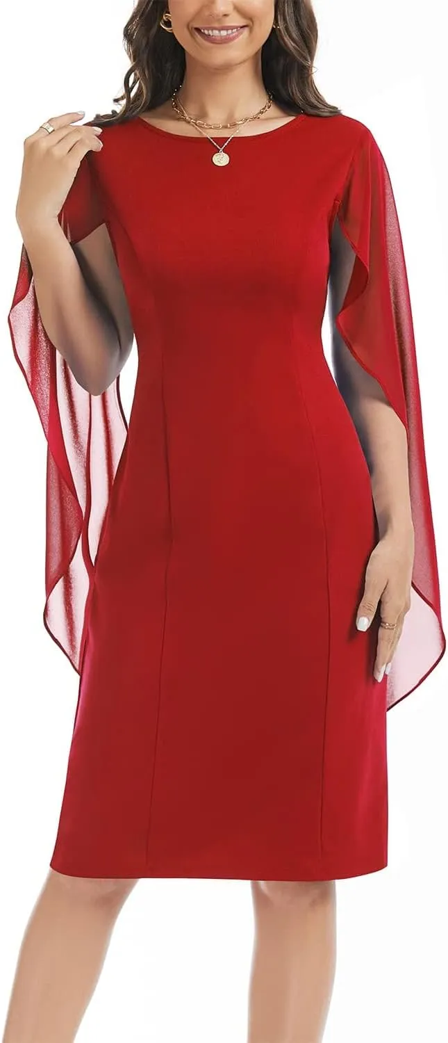 HELYO Women's Chiffon Cloak Sleeve Mini Cape Dress V-Back Semi-Formal Elegant Bodycon Wedding Guest Evening Cocktail Dresses
