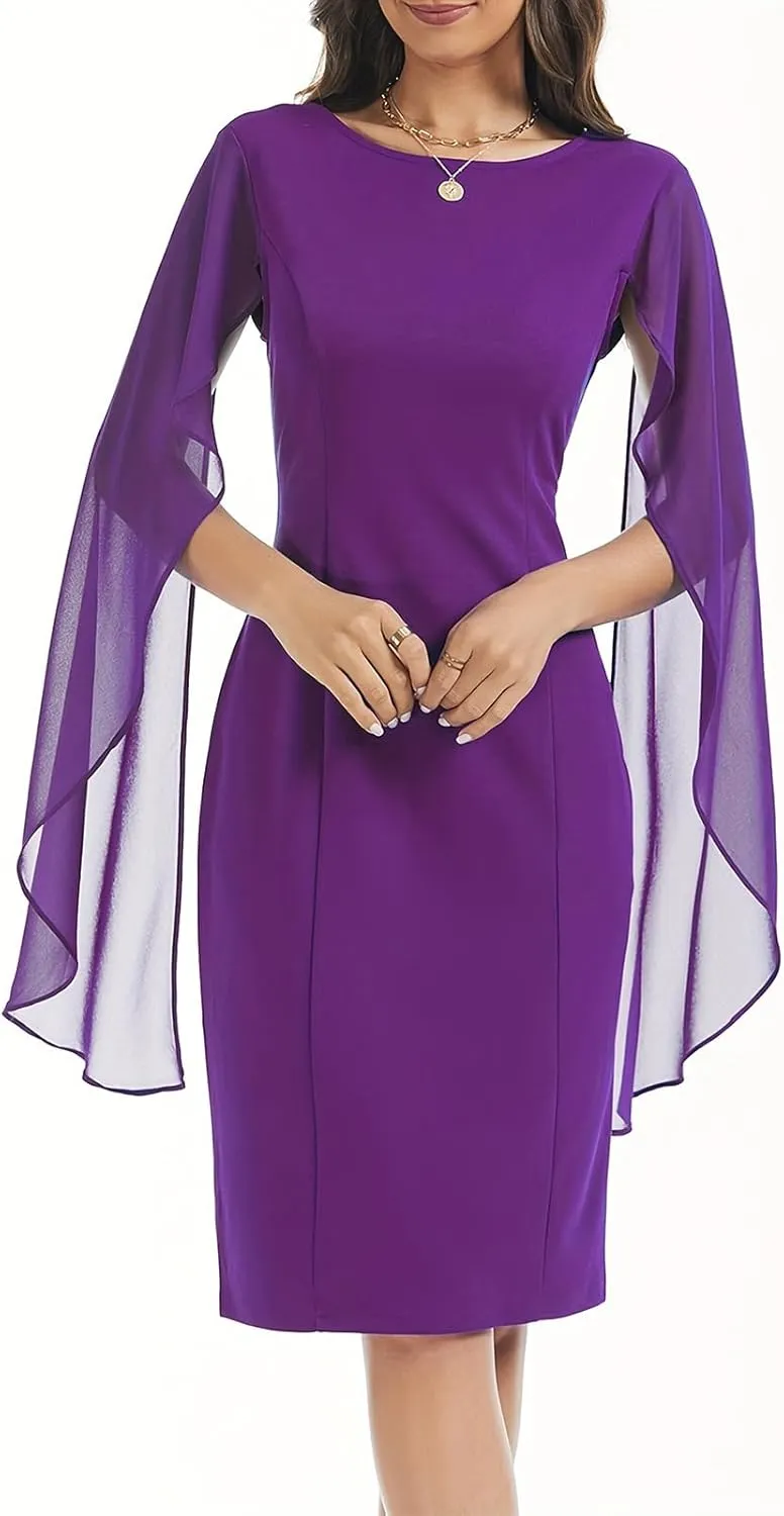 HELYO Women's Chiffon Cloak Sleeve Mini Cape Dress V-Back Semi-Formal Elegant Bodycon Wedding Guest Evening Cocktail Dresses