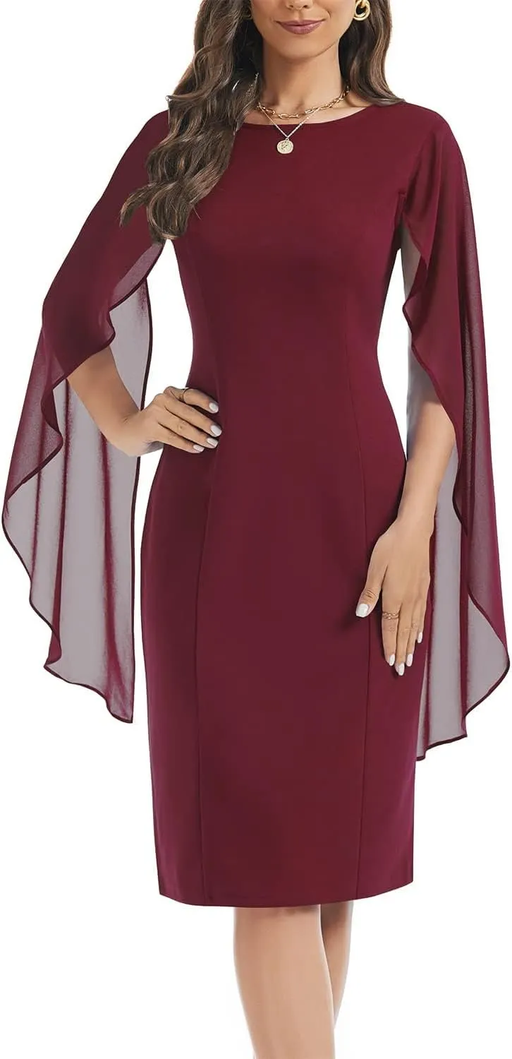 HELYO Women's Chiffon Cloak Sleeve Mini Cape Dress V-Back Semi-Formal Elegant Bodycon Wedding Guest Evening Cocktail Dresses