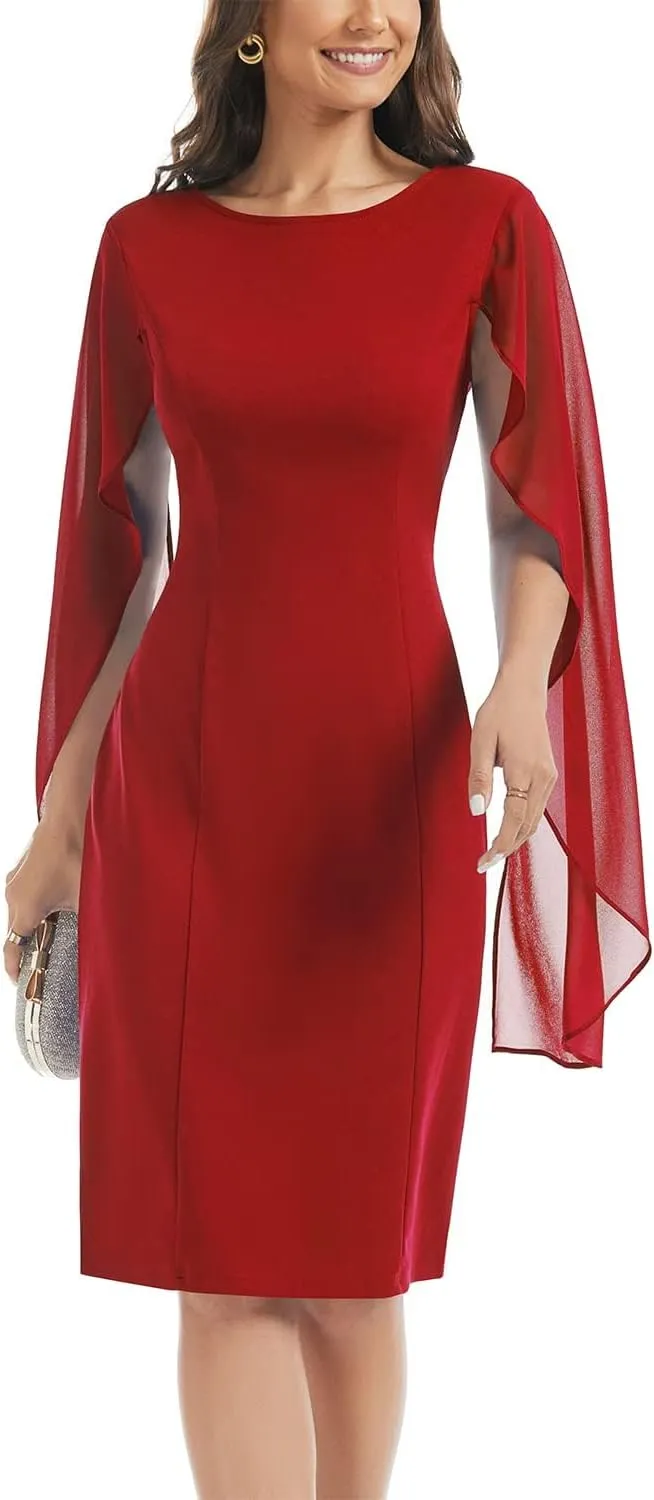 HELYO Women's Chiffon Cloak Sleeve Mini Cape Dress V-Back Semi-Formal Elegant Bodycon Wedding Guest Evening Cocktail Dresses