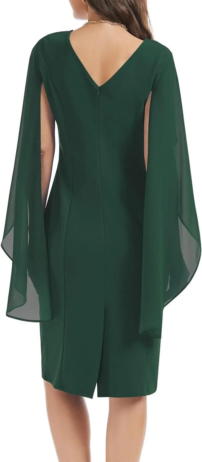 HELYO Women's Chiffon Cloak Sleeve Mini Cape Dress V-Back Semi-Formal Elegant Bodycon Wedding Guest Evening Cocktail Dresses