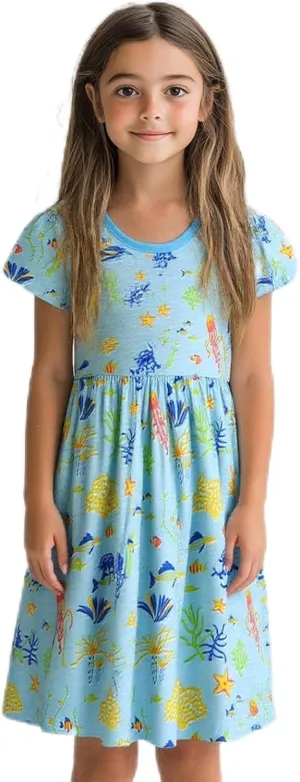 HILEELANG Girl Short Sleeve Dress Summer Cotton Casual Tunic Shirt Twirly Basic Skater Dress