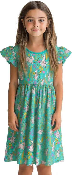 HILEELANG Girl Short Sleeve Dress Summer Cotton Casual Tunic Shirt Twirly Basic Skater Dress