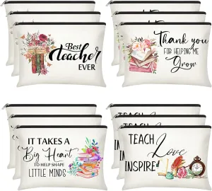 Hillban 12-Piece Canvas Pencil Bags with Zippers - Cosmetic Teacher Pouches for Organizing Accessories