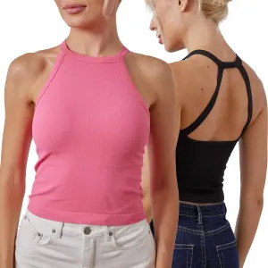 Homma Women's 2 Pack Crop Tops with Built-in Bra Halter Neck Basic Camisole Tops