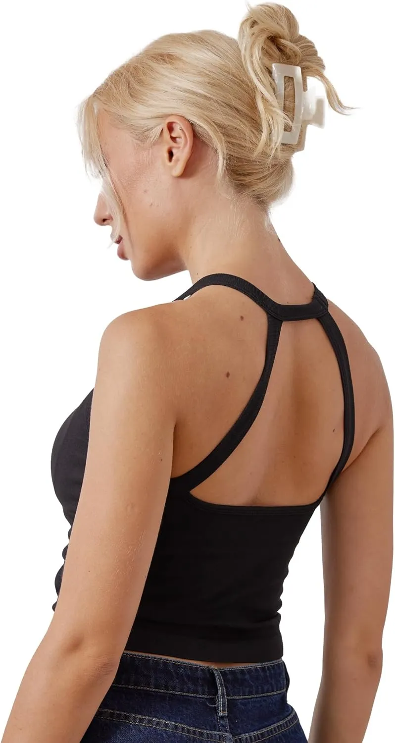 Homma Women's 2 Pack Crop Tops with Built-in Bra Halter Neck Basic Camisole Tops
