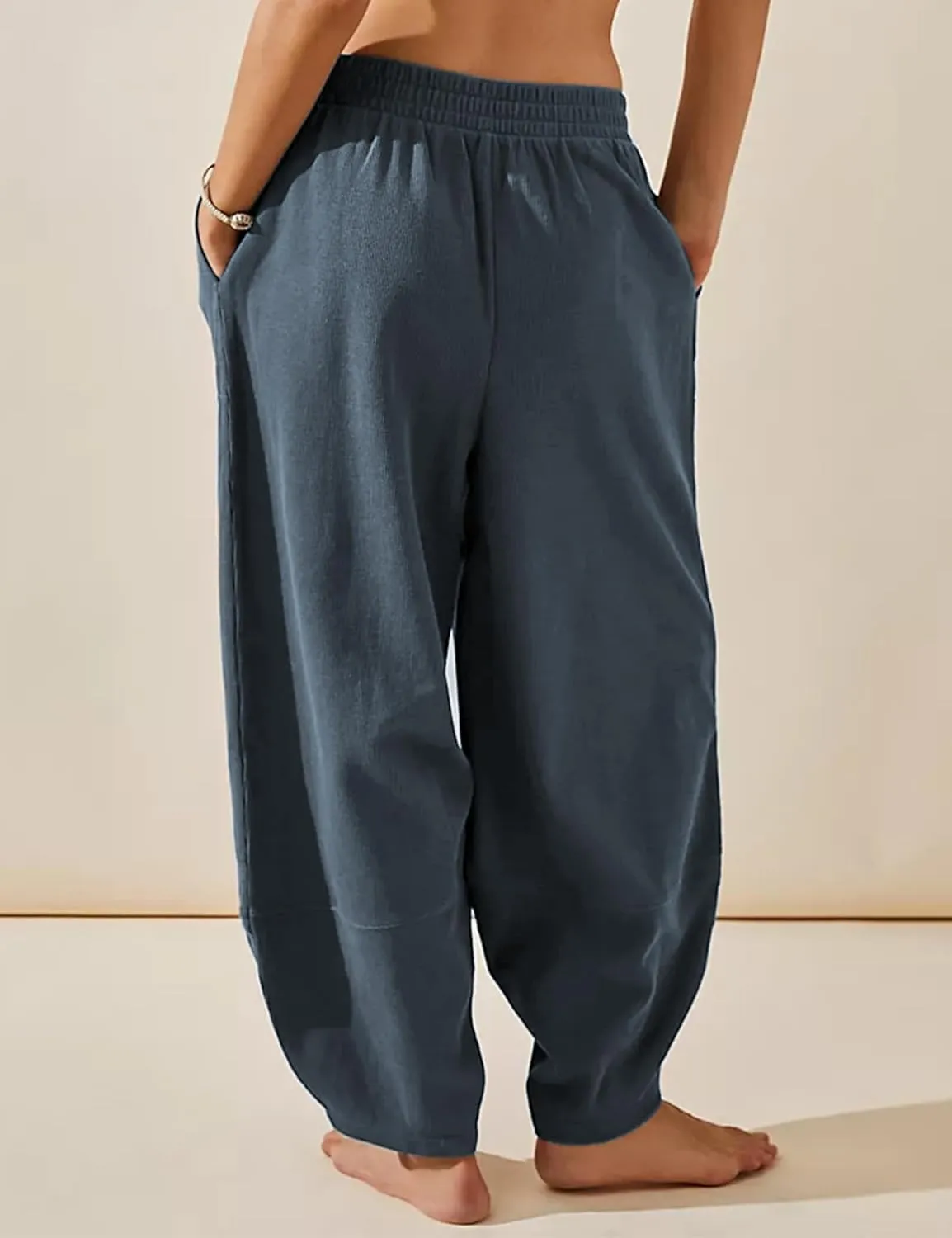 Hooever Women's Wide Leg Harem Pants Baggy Elastic Waisted Cotton Palazzo Pants Summer Beach Trousers