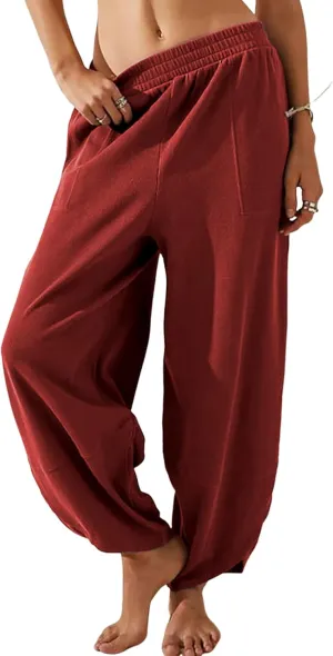 Hooever Women's Wide Leg Harem Pants Baggy Elastic Waisted Cotton Palazzo Pants Summer Beach Trousers