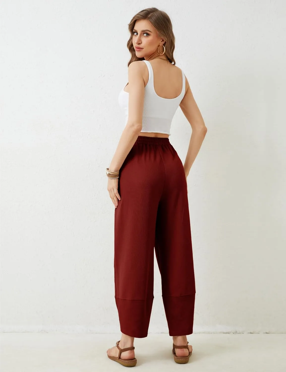 Hooever Women's Wide Leg Harem Pants Baggy Elastic Waisted Cotton Palazzo Pants Summer Beach Trousers