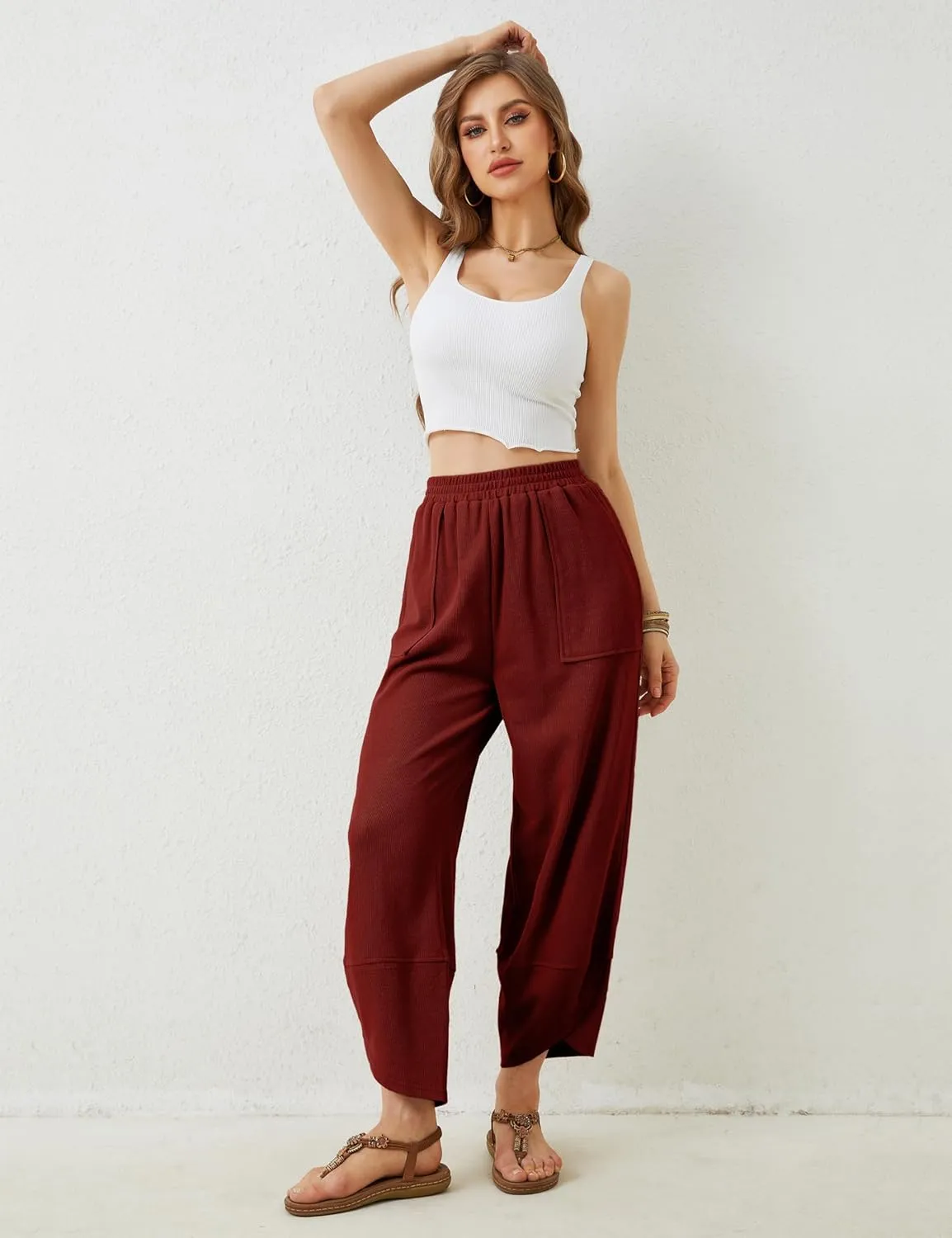 Hooever Women's Wide Leg Harem Pants Baggy Elastic Waisted Cotton Palazzo Pants Summer Beach Trousers