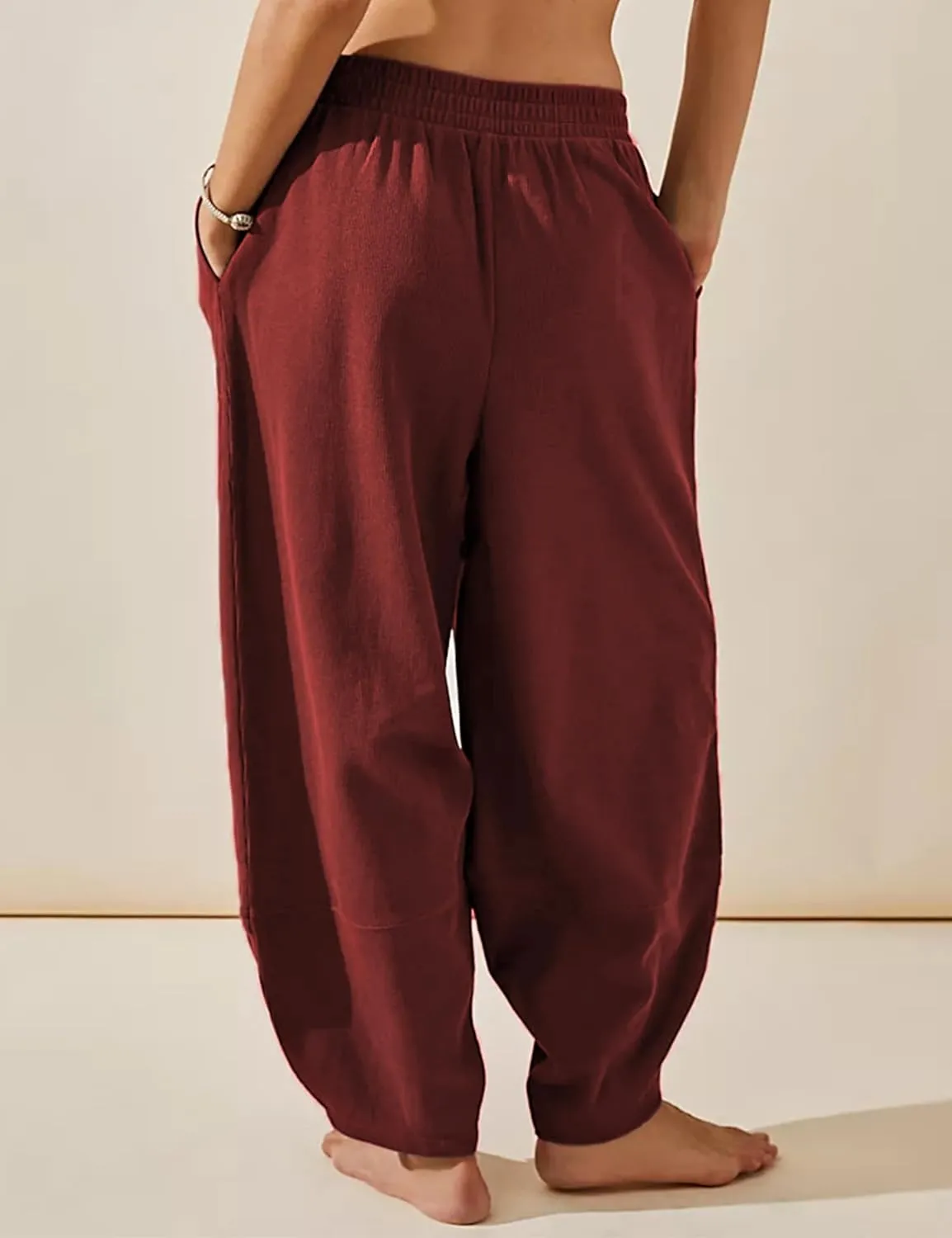 Hooever Women's Wide Leg Harem Pants Baggy Elastic Waisted Cotton Palazzo Pants Summer Beach Trousers