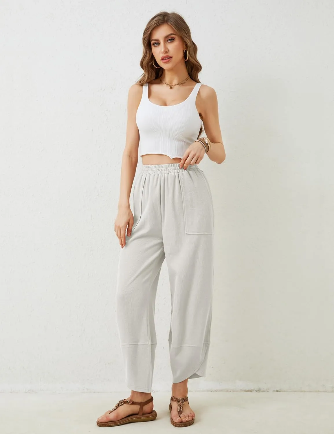 Hooever Women's Wide Leg Harem Pants Baggy Elastic Waisted Cotton Palazzo Pants Summer Beach Trousers