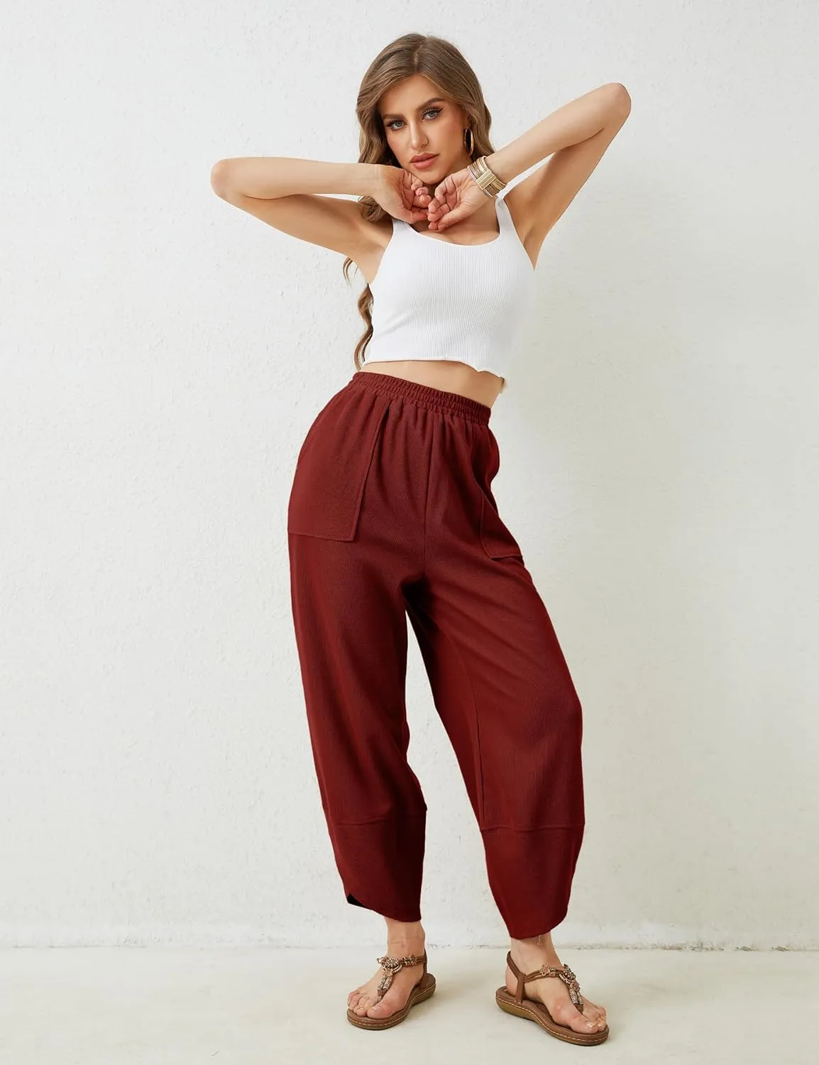 Hooever Women's Wide Leg Harem Pants Baggy Elastic Waisted Cotton Palazzo Pants Summer Beach Trousers