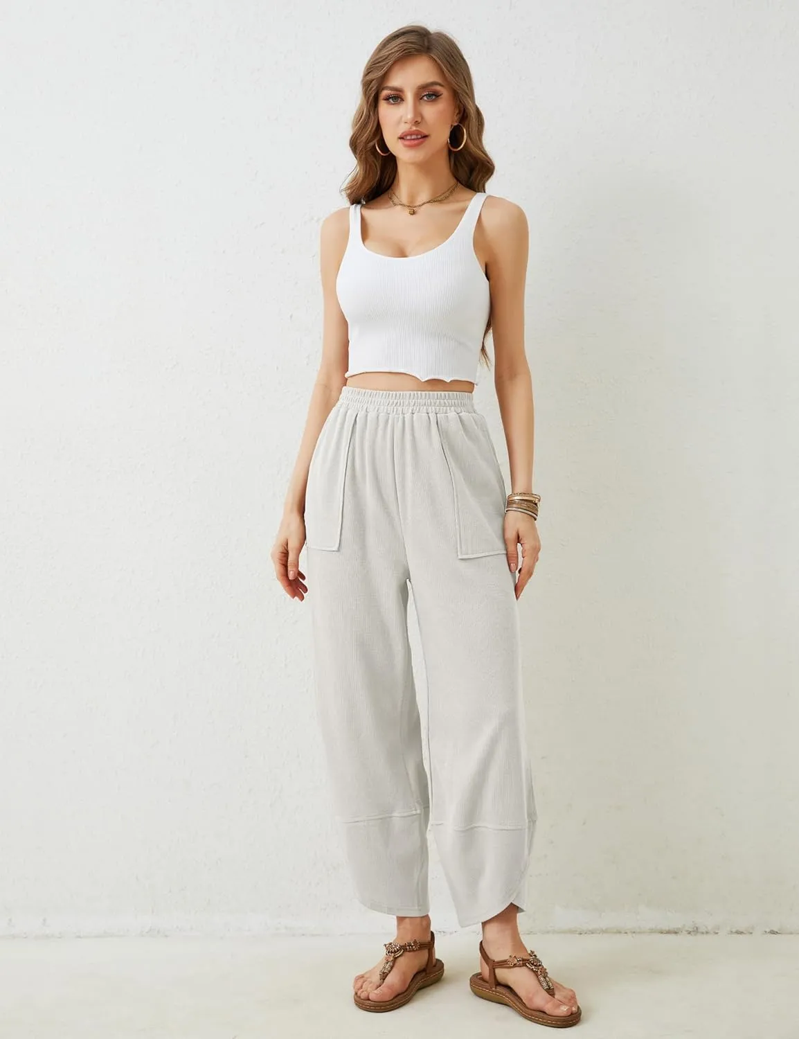 Hooever Women's Wide Leg Harem Pants Baggy Elastic Waisted Cotton Palazzo Pants Summer Beach Trousers