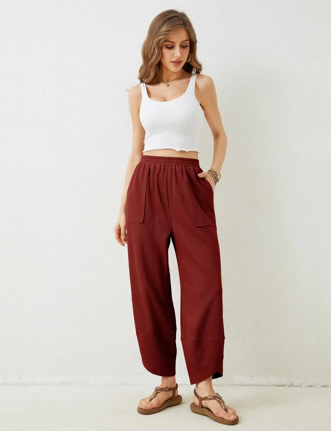 Hooever Women's Wide Leg Harem Pants Baggy Elastic Waisted Cotton Palazzo Pants Summer Beach Trousers