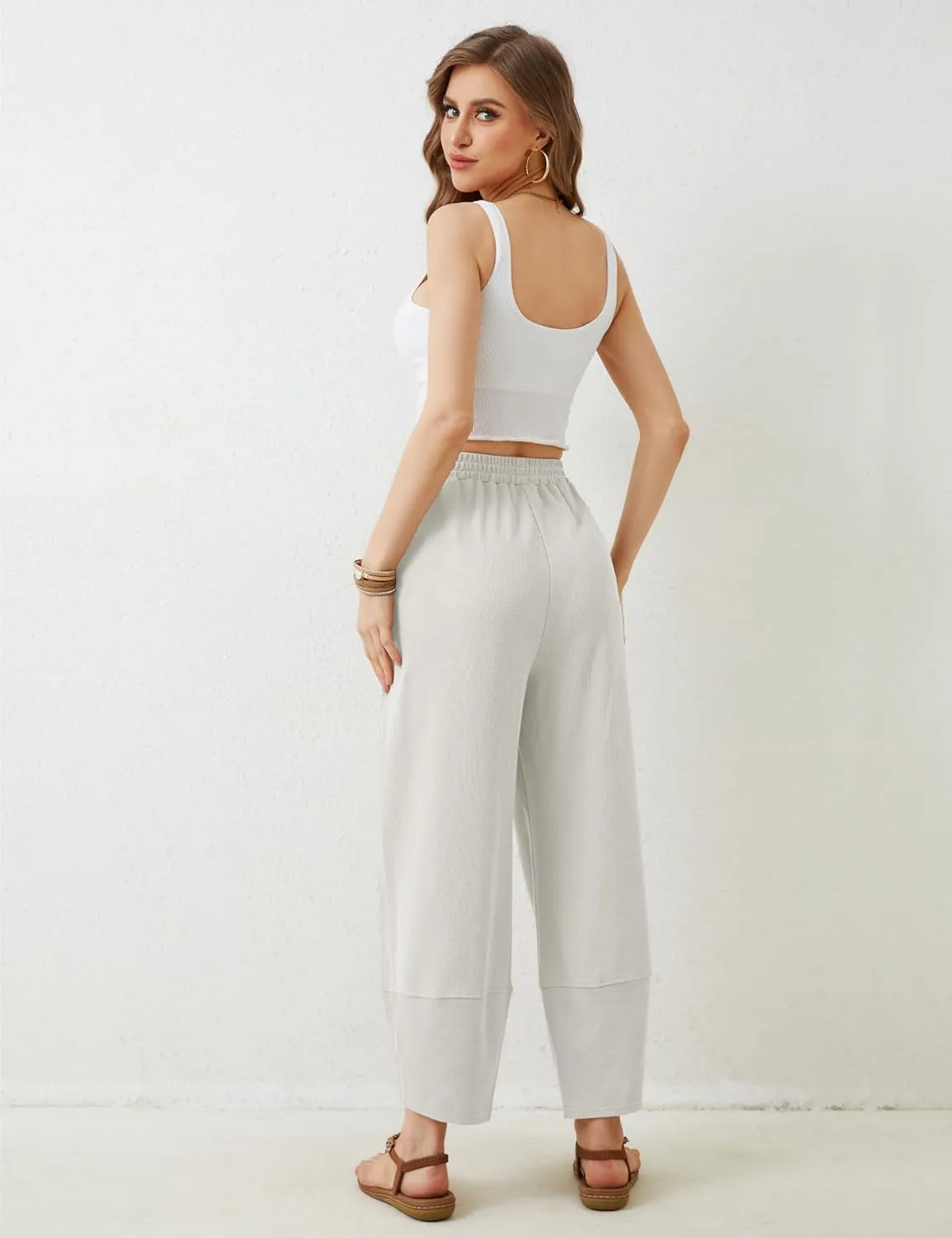 Hooever Women's Wide Leg Harem Pants Baggy Elastic Waisted Cotton Palazzo Pants Summer Beach Trousers