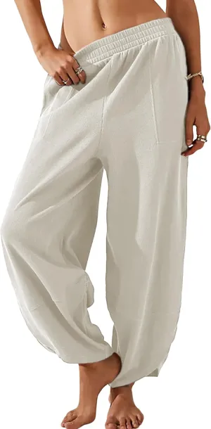 Hooever Women's Wide Leg Harem Pants Baggy Elastic Waisted Cotton Palazzo Pants Summer Beach Trousers