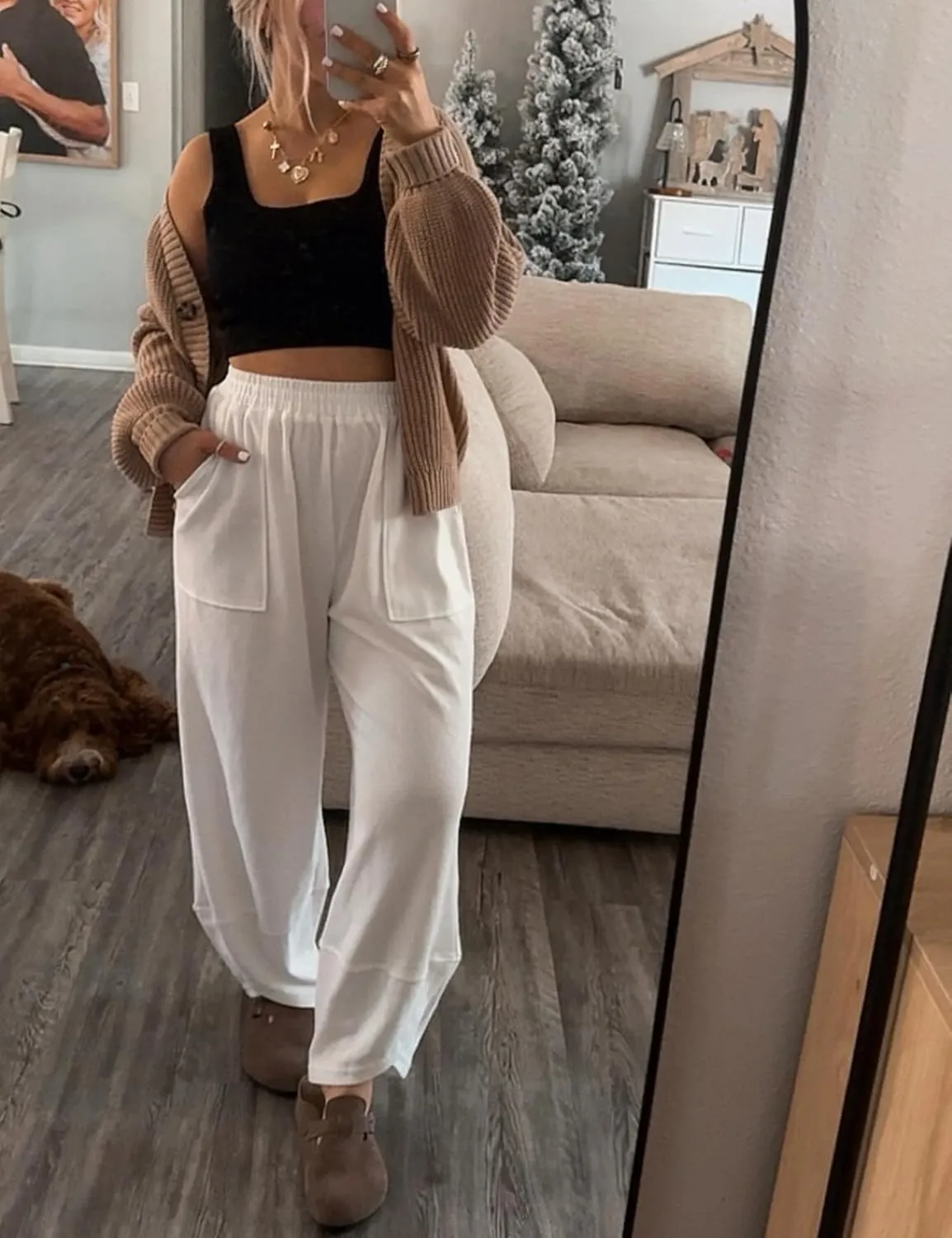 Hooever Women's Wide Leg Harem Pants Baggy Elastic Waisted Cotton Palazzo Pants Summer Beach Trousers