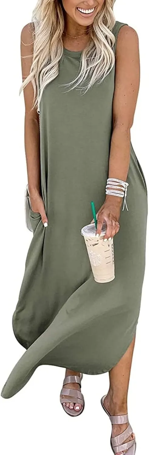 Hount Women's Casual Summer Sleeveless Dress Loose Split Maxi Dresses with Pockets